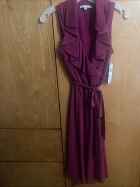 NWT Ruffle V Neck Faux Wrap Pullover Dress Size 6 Studio One NY Berry